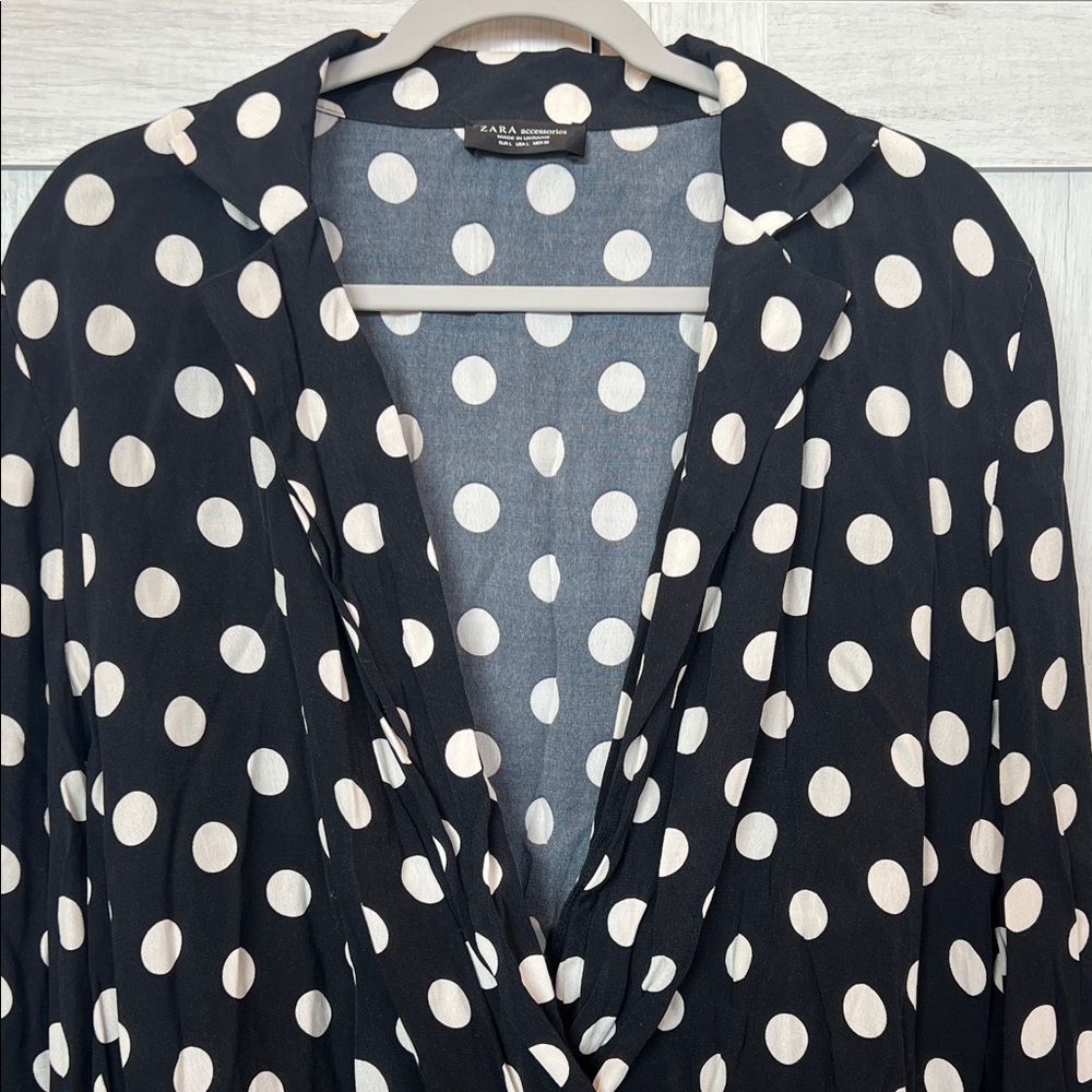 Zara Black and White Polka Dot Plunge Neckline Bodysuit Blouse - Picture 3 of 7
